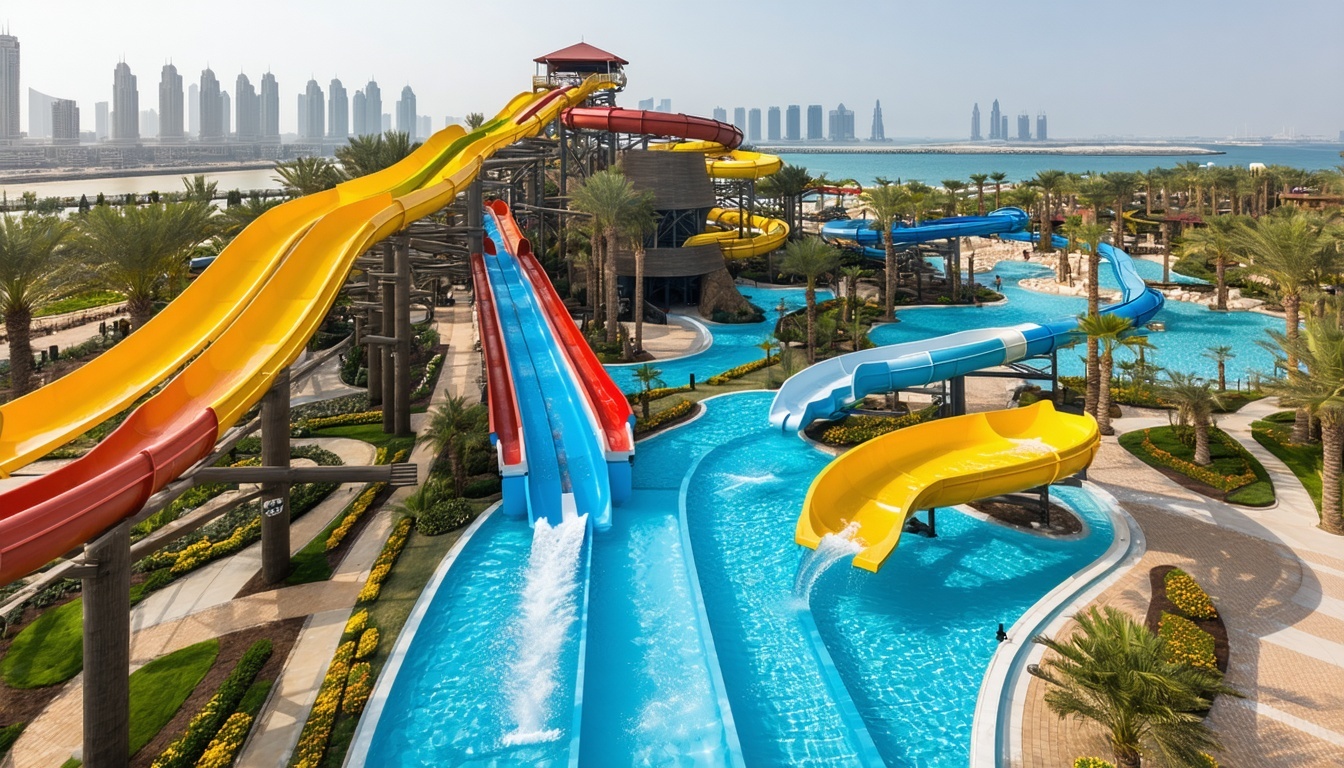 Aerial view of Aquaventure World Dubai waterpark with slides and pools