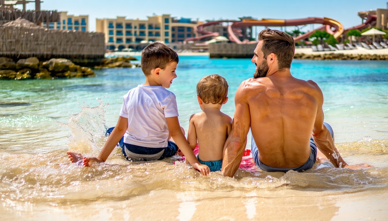 Family relaxing on the private beach at Aquaventure World Dubai