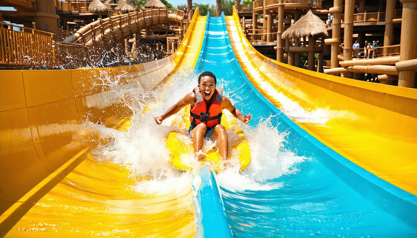 Guests enjoying a thrilling water slide at Aquaventure World Dubai