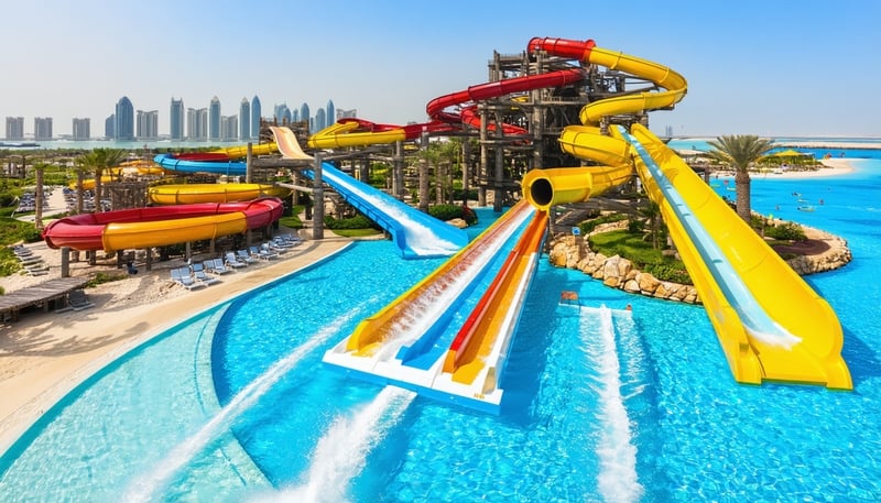Aerial view of Aquaventure World Dubai featuring water slides, pools, and the private beach. Aerial view of Aquaventure World Dubai featuring water slides, pools, and the private beach.