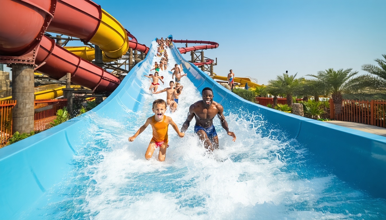 Family enjoying water slides at Aquaventure World Dubai